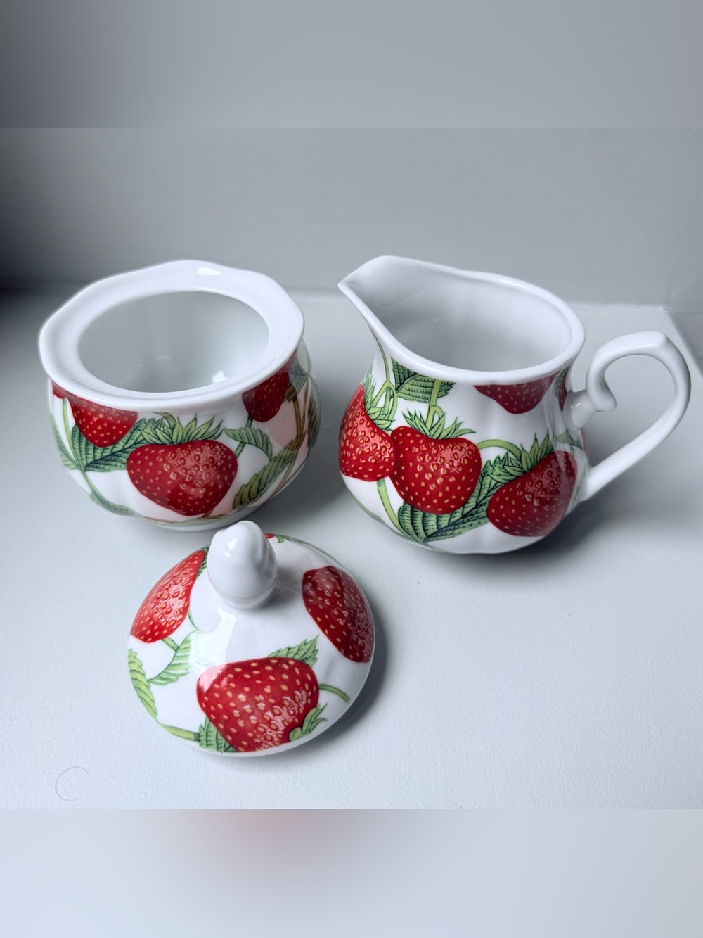 Strawberry Porcelain Creamer and Sugar Set - White and Red